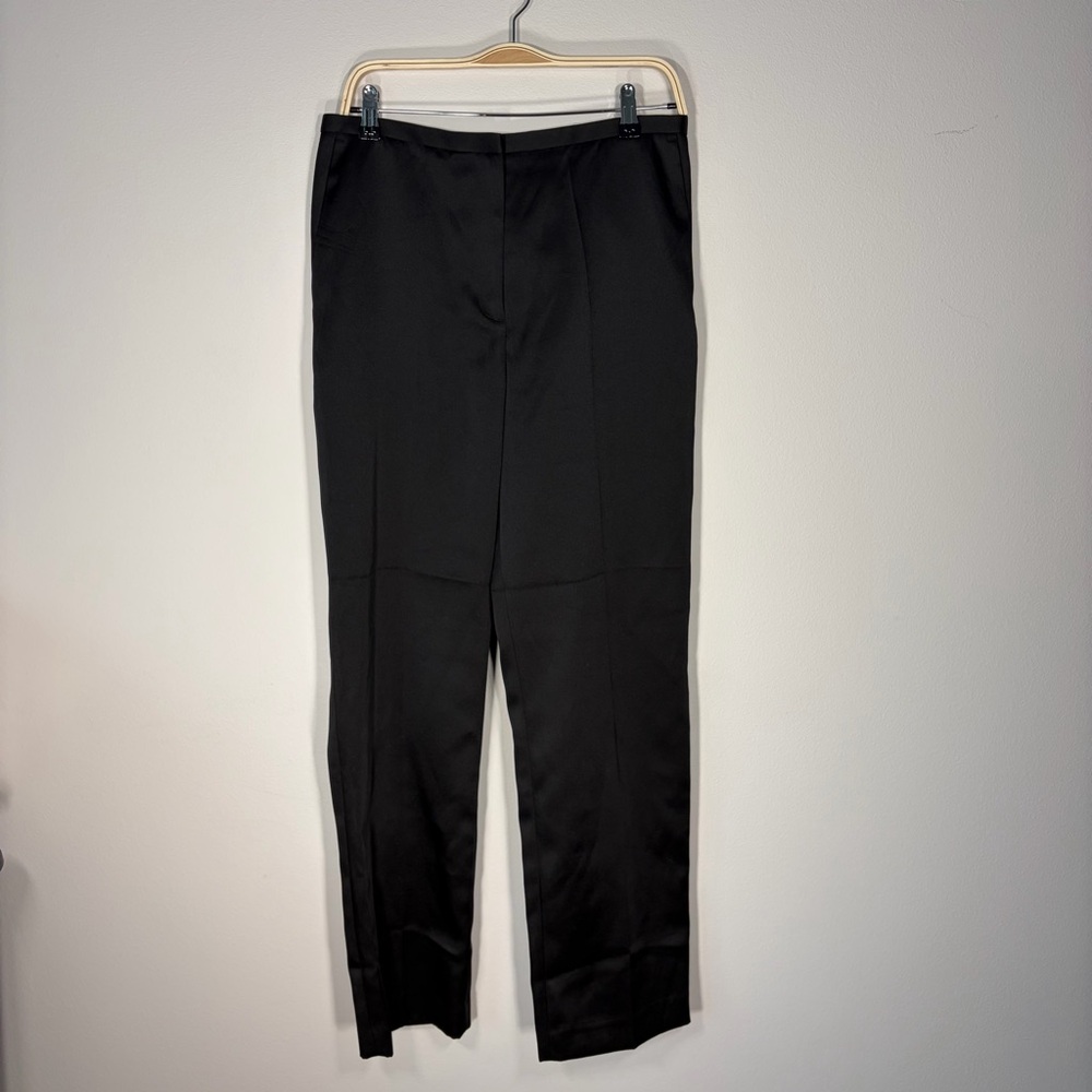 Black Satin Dress Pants Vintage Style Straight Leg Minimalist High Waist - Picture 3 of 12